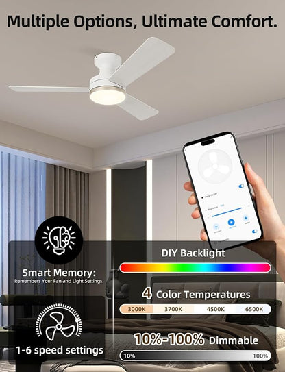42" RGB Ceiling Fan with Light, Music Sync Smart Fan with Alexa/Google/App Control, Low Profile Flush Mount, 6-Speed Quiet DC Motor, 4 CCT Dimmable Lighting for Bedroom, Champagne Gold