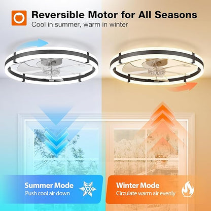 addlon 24'' Ceiling Fans with Lights and Remote, Low Profile Flush Mount Ceiling Fan with Light, 3000-6000K Dimmable LED Fandelier, Modern Small Black Ceiling Fan for Bedroom, Kitchen, Living Room