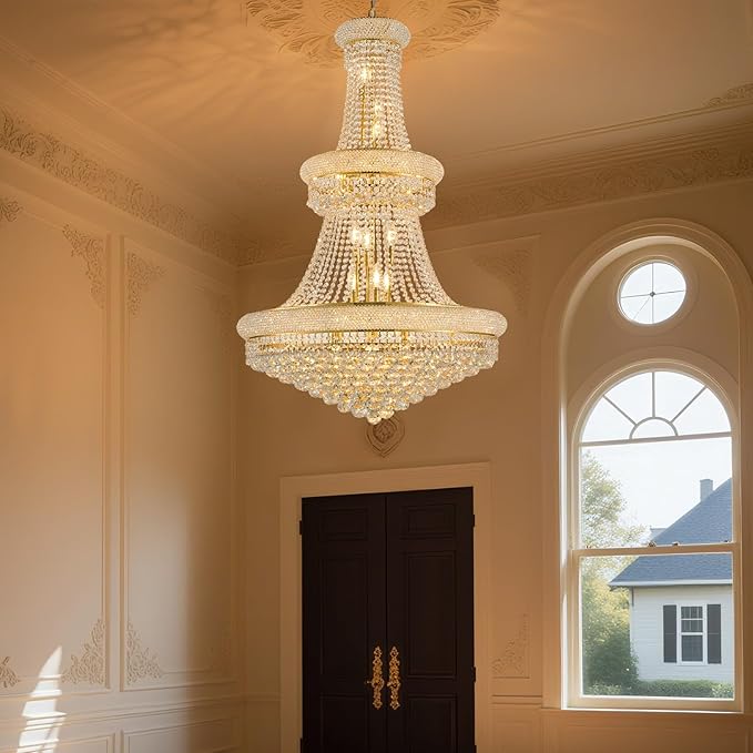 27-Lights High Ceiling Chandelier Modern Gold Crystal Chandeliers Large Foyer Chandelier Fixtures for Staircase Living Room Hallway Entryway