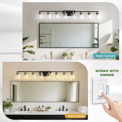 DORESshop 55 Inch Bathroom Light Fixtures, 8-Light Black and Gold Bathroom Lighting Fixtures Over Mirror with Glass Shade, Modern Vanity Lights for Hallway Bedroom