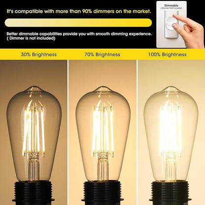 Gozelux Vintage LED Edison Bulbs, 6W, Equivalent 60W, Dimmable, High Brightness Warm White 2700K, ST58 Antique LED Filament Bulbs with 90+ CRI, E26 Medium Base, Clear Glass, Pack of 16