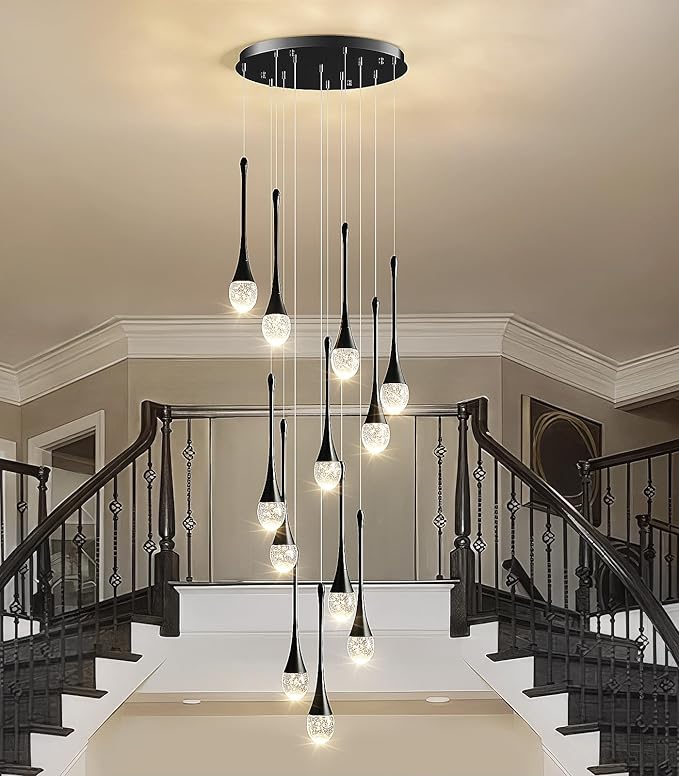 Raindrop Crystal Chandelier High Ceiling: 12 Lights Dimmable LED With Remote - Large Long Modern Bubble Hanging Pendant Light Fixture Spiral Chandeliers for Living Room Staircase Entryway Foyer Black