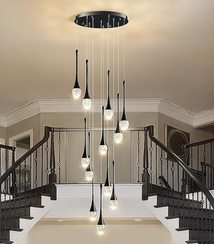 Raindrop Crystal Chandelier High Ceiling: 12 Lights Dimmable LED With Remote - Large Long Modern Bubble Hanging Pendant Light Fixture Spiral Chandeliers for Living Room Staircase Entryway Foyer Black