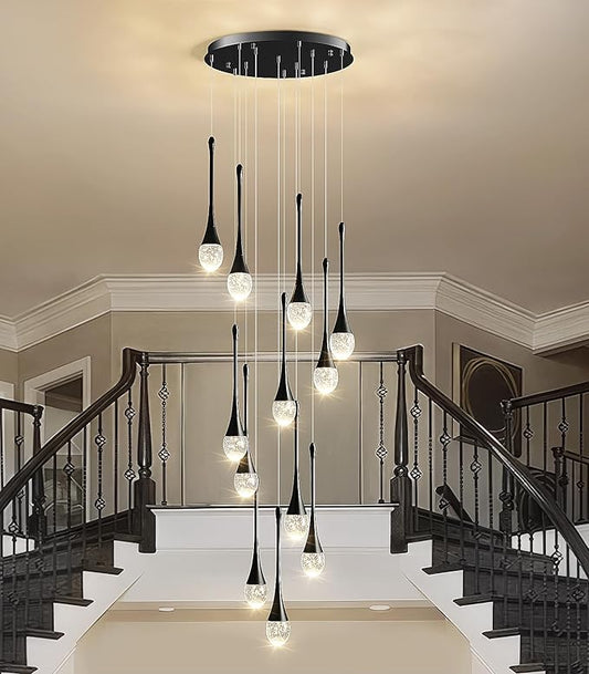 Raindrop Crystal Chandelier High Ceiling: 12 Lights Dimmable LED With Remote - Large Long Modern Bubble Hanging Pendant Light Fixture Spiral Chandeliers for Living Room Staircase Entryway Foyer Black