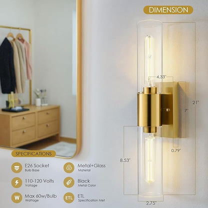 Wall Sconces Set of Two, Gold Bathroom Sconces Wall Lighting with Clear Glass Modern Sconces Wall Light Set of 2 Bathroom Light Fixtures Vanity Light for Bedroom Washroom Hallway Living Room