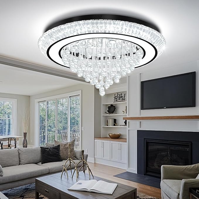 40in Black Flush Mount Chandelier Ceiling Light, Raindrop Chandeliers for Dining Room, Glam Crystal Chandeliers, Modern Led Luxury Chandelier for Living Room, Bedroom