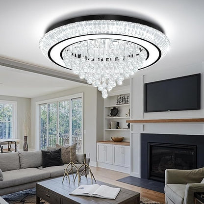 40in Black Flush Mount Chandelier Ceiling Light, Raindrop Chandeliers for Dining Room, Glam Crystal Chandeliers, Modern Led Luxury Chandelier for Living Room, Bedroom
