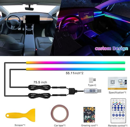 Dreamcolor Acrylic Interior Car LED Strip Light with USB/Type C, RGB 2 in 1 with 110.2 inches LED Strip, Dynamic Chasing Music Sync Neon Ambient Lighting Kits