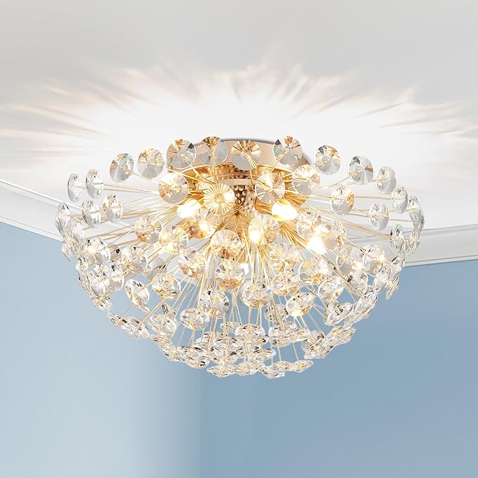 AGV LIGHTING Modern Crystal Flush Mount Ceiling Light Fixture, Dandelion Sputnik Semi Flush Mount Ceiling Light, 16" 5-Light with G9 Base Gold Ceiling Light Fixture