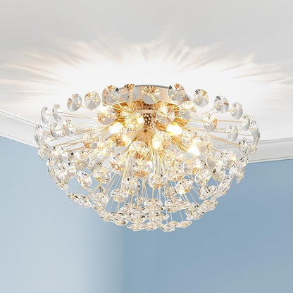 AGV LIGHTING Modern Crystal Flush Mount Ceiling Light Fixture, Dandelion Sputnik Semi Flush Mount Ceiling Light, 16" 5-Light with G9 Base Gold Ceiling Light Fixture