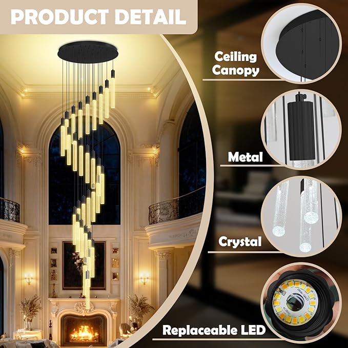 D28inxH177in Long Crystal Column Chandelier Large Black Staircase Chandelier for High Ceiling 30-Light Dimmable LED Pendant Lighting Foyer Entryway Light Source is Replaceable