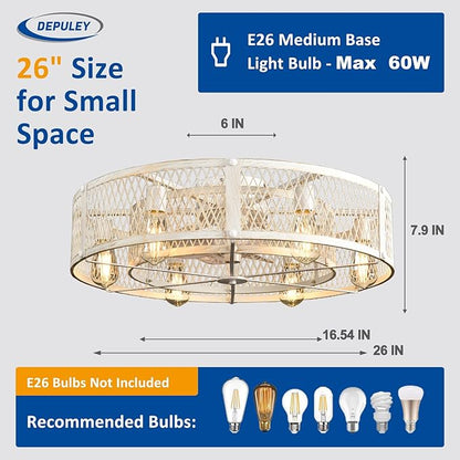 Depuley Flush Mount Ceiling Fan: 26" Caged Ceiling Fans with Lights and Remote Control for Kitchen Bedroom Farmhouse - Rustic Low Profile Ceiling Fandelier Lights Reversible 6 Speed Timer Cement