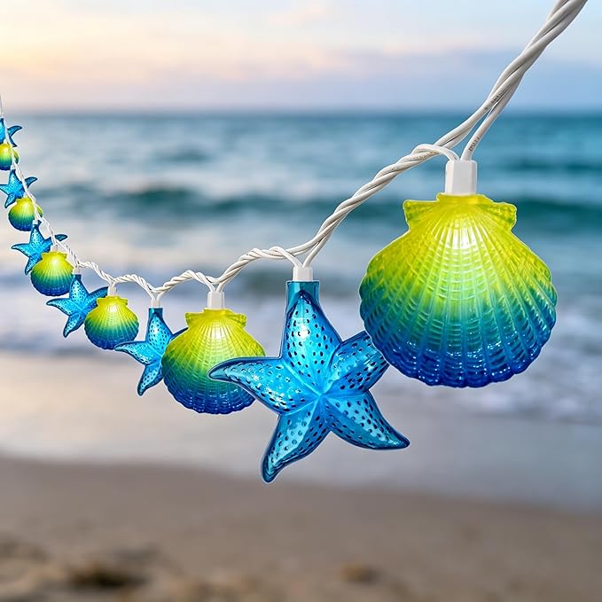 8.5Ft Beach Themed Seashell String Lights, 10L LED Ocean Starfish Seashell Lights Plug in for Boho Coastal Bedroom Seashell Party Nautical Party Holiday Decor, Indoor Outdoor