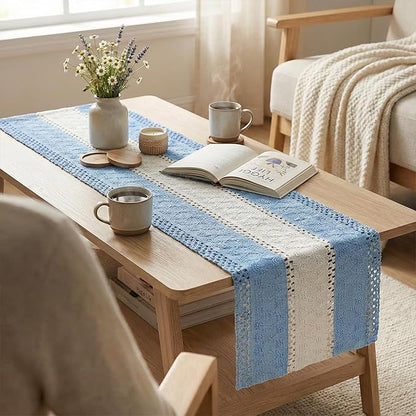 Artoid Mode Sky Blue Farmhouse Rustic Table Runner, Seasonal Hollow Kitchen Dining Table Decoration for Home Party Decor 12x72 Inch