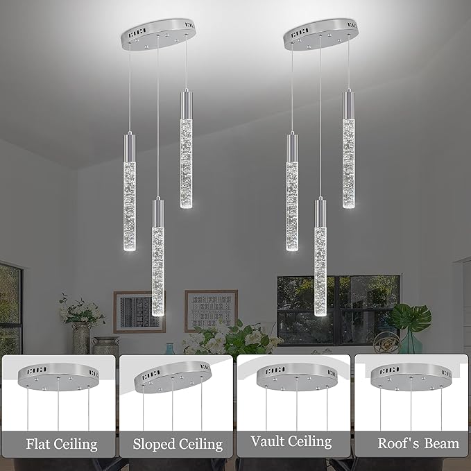 Modern Crystal Chandelier 3-Lights, Spiral LED Raindrop Kitchen Island Pendant Lighting, Bubble Foyer Dinimg Room Hanging Light Fixture Remote Control Chrome