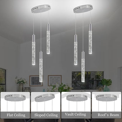 Modern Crystal Chandelier 3-Lights, Spiral LED Raindrop Kitchen Island Pendant Lighting, Bubble Foyer Dinimg Room Hanging Light Fixture Remote Control Chrome