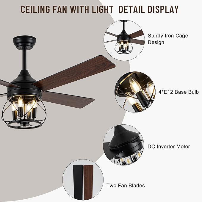 52 Inch Ceiling Fans with Lights, Modern Farmhouse Caged Ceiling Fan, Reversible Motor, 4 Double Finish Wood Blades, Rustic Ceiling Fan for Porch, Living Rooms, Bedroom