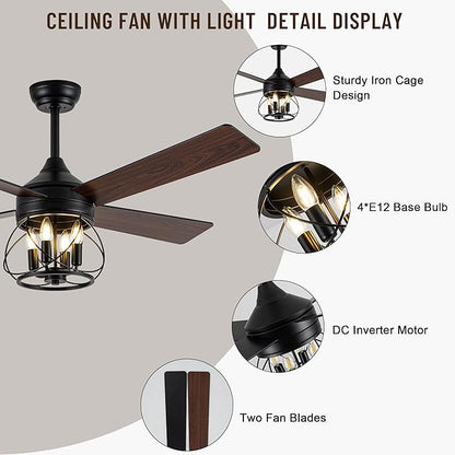 52 Inch Ceiling Fans with Lights, Modern Farmhouse Caged Ceiling Fan, Reversible Motor, 4 Double Finish Wood Blades, Rustic Ceiling Fan for Porch, Living Rooms, Bedroom
