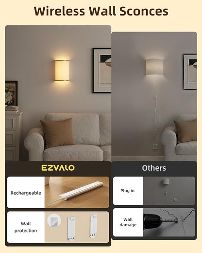 EZVALO Battery Operated Wall Sconce, Wireless Wall Sconces Set of Two with Remote, 3 Color & 80 RGB Rechargeable Wall Lights, Dimmable, Timer, Fabric Linen Shade Wall Decor for Bedroom (White)