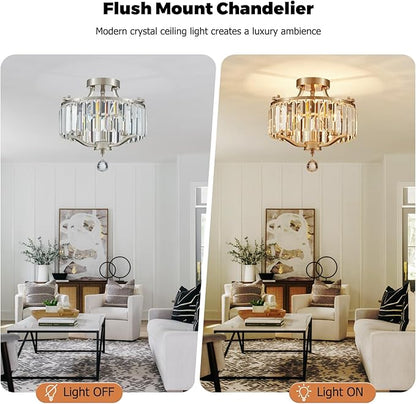 12.2'' Modern Brushed Nickel Crystal Ceiling Light Fixture Farmhouse 3-Light Semi Flush Mount Drum Chandelier for Dining Room, Bedroom, Kitchen, Hallway, Entryway, Foyer, E12 - MJ055BN