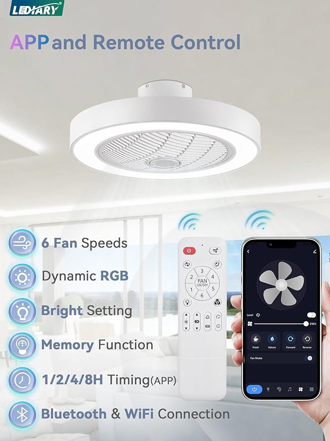 LEDIARY 22 Inch Low Profile Ceiling Fans with Lights, Led Bladeless Ceiling Fan, Remote Control Enclosed Flush Mount Ceiling Fan with Timming, 3000-6000K, 6 Wind Speed-White RGB