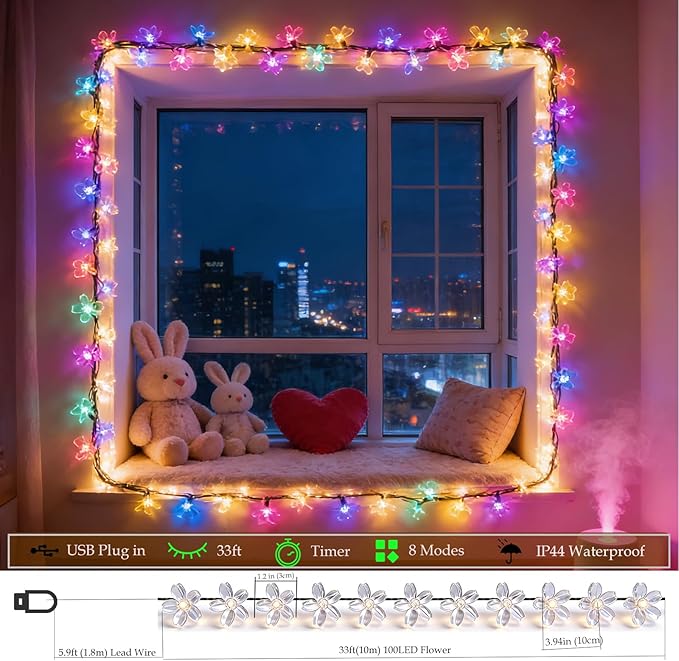 JACUXLSS Easter Pastel Flower String Lights Indoor Bedroom Decorations, 33ft 100 LED USB Plug-in Fairy Cute Cherry Blossom Froal Lamp for Patio, Garden Party, Christmas, Birthday Decor (Multicolored)