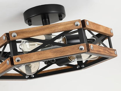 3-Light Rustic Farmhouse Wood Flush Mount Ceiling Light Fixture Oak Wood and Metal Cage Semi Flush Mount Ceiling Light for Hallway Hall Entry Bedroom Kitchen Farmhouse, Black