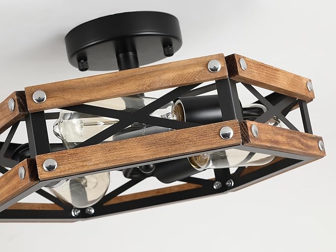 2 Pack 3-Light Rustic Farmhouse Wood Flush Mount Ceiling Light Fixture Oak Wood and Metal Cage Semi Flush Mount Ceiling Light for Hallway Hall Entry Bedroom Kitchen Farmhouse, Black