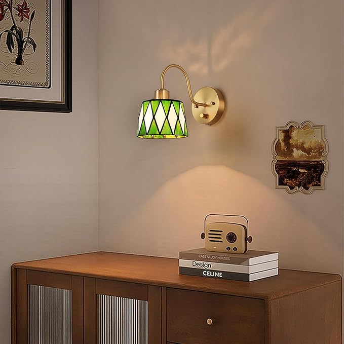 Vintage Bedside Wall Sconce with Dimmable Switch, Brass Industrial Gooseneck Wall Sconce with Plug in Cord, Stained Glass Shade Wall Light Perfect for Bedroom, Living Room and Hotel