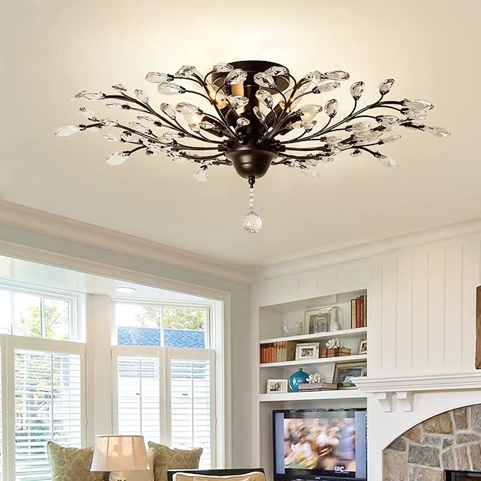 Garwarm 5 Lights Vintage Crystal Chandeliers Ceiling Lights LED Light K9 Clear Crystal Pendant Lighting Ceiling Light Fixtures Chandeliers Lighting for Living Room Bedroom Restaurant Porch (Black)