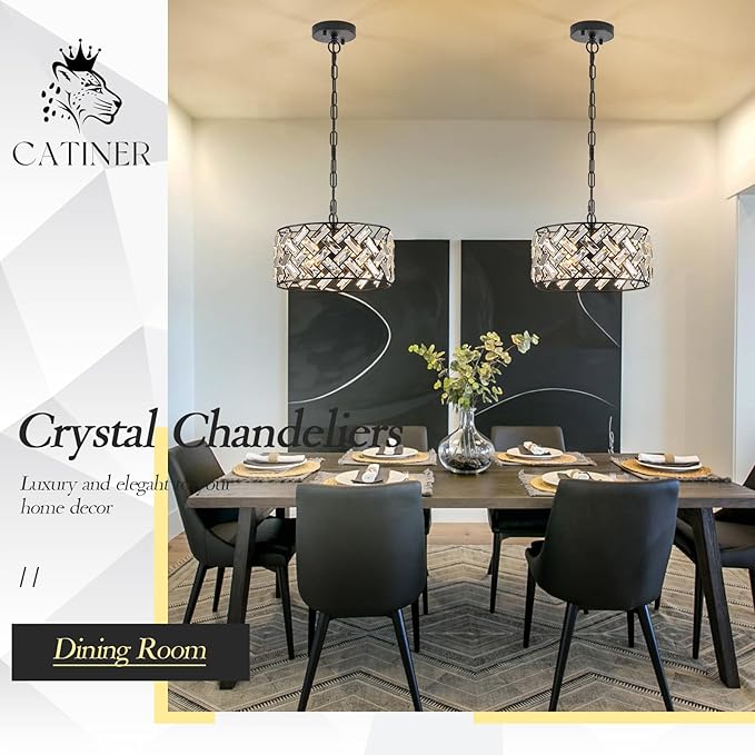 CATINER Small Black Crystal Chandelier 12", Modern 4-Light Ceiling Light, Semi Flush Mount or Hanging Pendant with Adjustable Height for Kitchen Island, Entryway, Hallway