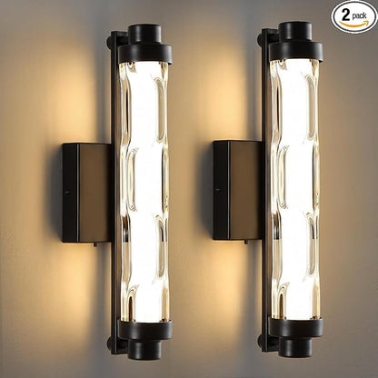 15.4" Black Wall Sconces Set of 2, Modern Bathroom Sconces with Ripple Glass Shade, 5CCT Dimmable LED Wall Lights 14W for Bedroom, Hallway, Staircase