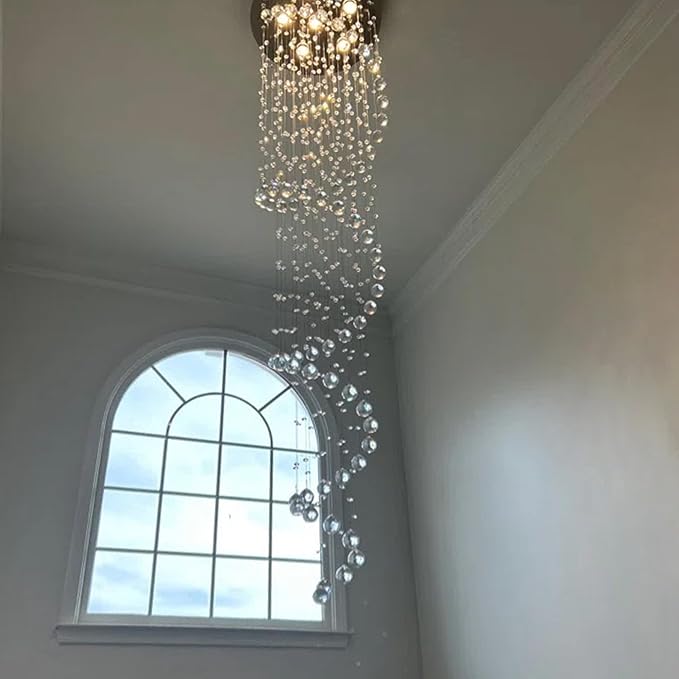 87-in Chandelier for High Ceiling, 6-Light Crystal Chandelier Spiral Design, Large Modern Ceiling Light for Stairs, Foyers, Living Rooms, Video Availablle for Easy Installation