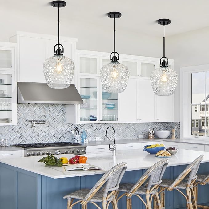 Large Glass Pendant Lights Kitchen Island, 10" 1-Light Black Pendant Light Fixtures with Hammered Glass, Modern Hanging Light for Kitchen Island Dining Room Entryway Foyer