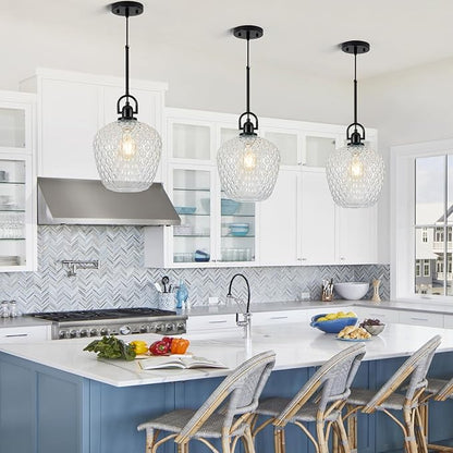Large Glass Pendant Lights Kitchen Island, 10" 1-Light Black Pendant Light Fixtures with Hammered Glass, Modern Hanging Light for Kitchen Island Dining Room Entryway Foyer