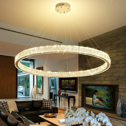 Modern Large Gold Ring Chandelier Dimmable LED 47.5in Adjustable Gold Crystal Ring Pendant Light Fixtures for Dining Room Living Room
