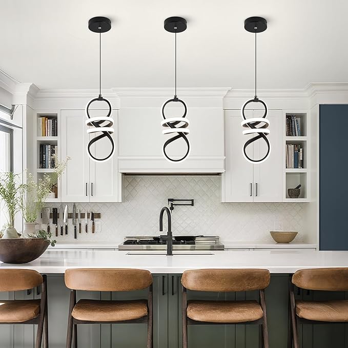 EIDISUNY Modern Led Pendant Light Fixture, 15W Black Spiral Pendant Light Kitchen Island, 4500K Daylight White Pendant Lamp, Adjustable Height Chandelier for Kitchen Dining Room Bedroom (Black)