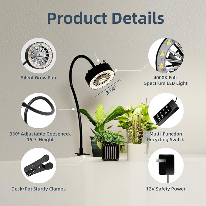 Full Spectrum LED Grow Light with Built-in Cooling Fan, Clip on Plant Lights for Indoor Plants, 2/4/8/12H Auto Timer, 3 Dimmable Levels, CRI 90+ Lamp for Plant Shelves & Succulents 2 Packs