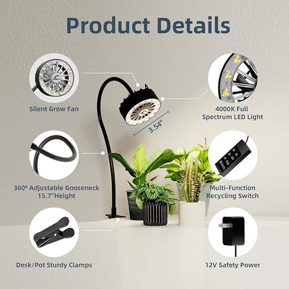 Full Spectrum LED Grow Light with Built-in Cooling Fan, Clip on Plant Lights for Indoor Plants, 2/4/8/12H Auto Timer, 3 Dimmable Levels, CRI 90+ Lamp for Plant Shelves & Succulents 2 Packs