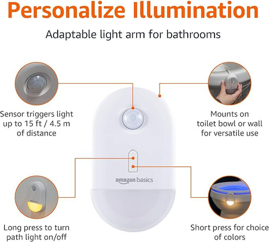 Amazon Basics Color Changing LED Toilet Bowl Motion Sensor Light, Battery Operated, Auto-off After 60 Seconds, 15 ft Detection Range, 2 Pack, White