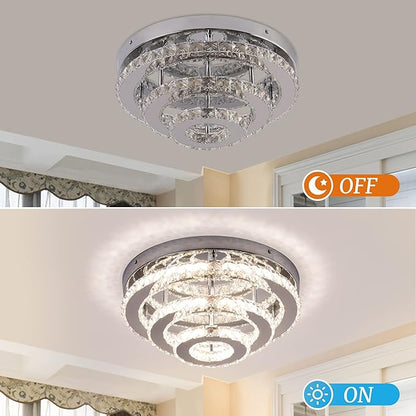 13.8" Flush Mount Chandelier LED Crystal Ceiling Light Fixture 3 Tier Ring Crystal Chandeliers for Bedrooms Dining Room Living Room,3 Colors Adjustable