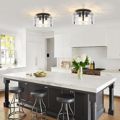 15'' Modern Black Semi Flush Mount Ceiling Light, Hallway Light Fixtures, 3-Light Glass Ceiling Lights for Entryway Kitchen Island Dining Room Foyer Bedroom Laundry Room Bathroom Lighting Fixtures