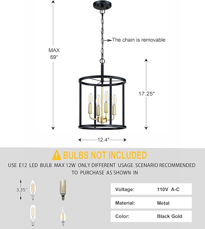 4 Light Hanging Lantern Gold Candle Fixture Black Finish Geometric Chandelier Metal Cage Adjustable Chain Pendant Lighting for Kitchen Island Dining Room Foyer