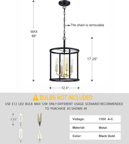 4 Light Hanging Lantern Gold Candle Fixture Black Finish Geometric Chandelier Metal Cage Adjustable Chain Pendant Lighting for Kitchen Island Dining Room Foyer