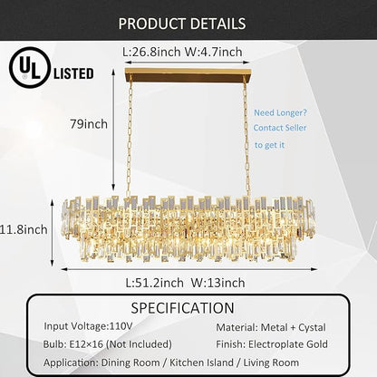 Rectangle Gold Chandeliers for Dining Room 2-Tier 16 Lights Modern Crystal Chandelier Luxury Rectangular Oval Preinstalled Top K9 Crystal Contemporary Pendant Lighting Fixture 51"