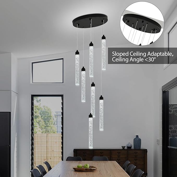 Crystal Staircase Chandelier, Modern Black Spiral Dimmable LED Cluster Raindrop Foyer Chandelier Lighting, Bubble Living Room Hanging Light Fixture 7 Light Remote Control