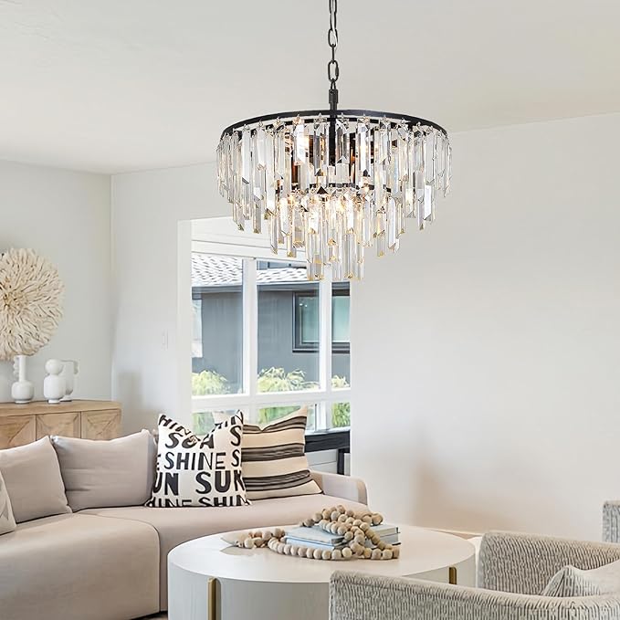 Modern Black Crystal Chandelier, 18" Round Chandeliers for Dining Room 4-Tier 6 Lights Luxury Top K9 Crystal Ceiling Pendant Light Fixture for Foyer Bedroom Closet