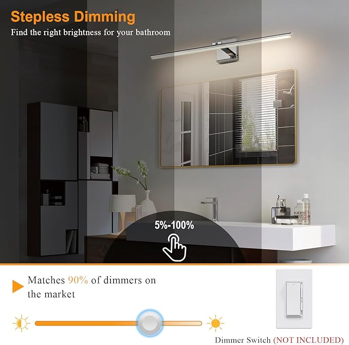 LED Bathroom Vanity Light, Modern Bathroom Light Fixture Over Mirror (3000K/4000K/6000K, Dimmable), Vanity Light Bar with Angle Adjustable, 32 Inch, Chrome