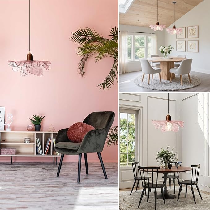 Modern Pink Glass Pendant Lights Fixtures Adjustable 13"/ 33CM Flower Hanging Ceiling Light Farmhouse Wood Chandelier for Kitchen Island Dining Room Foyer Cafe