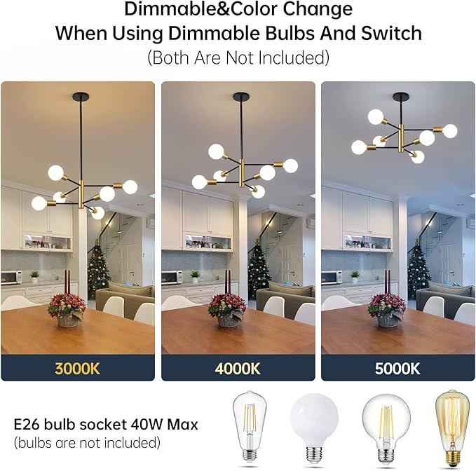 RUIYEY Modern Chandeliers for Dining Room, Black and Gold Chandelier Ceiling Light Fixture 6-Light Sputnik Chandeliers Mid Century Chandeliers for Living Room,Kitchen Island,Bedroom,Foyer